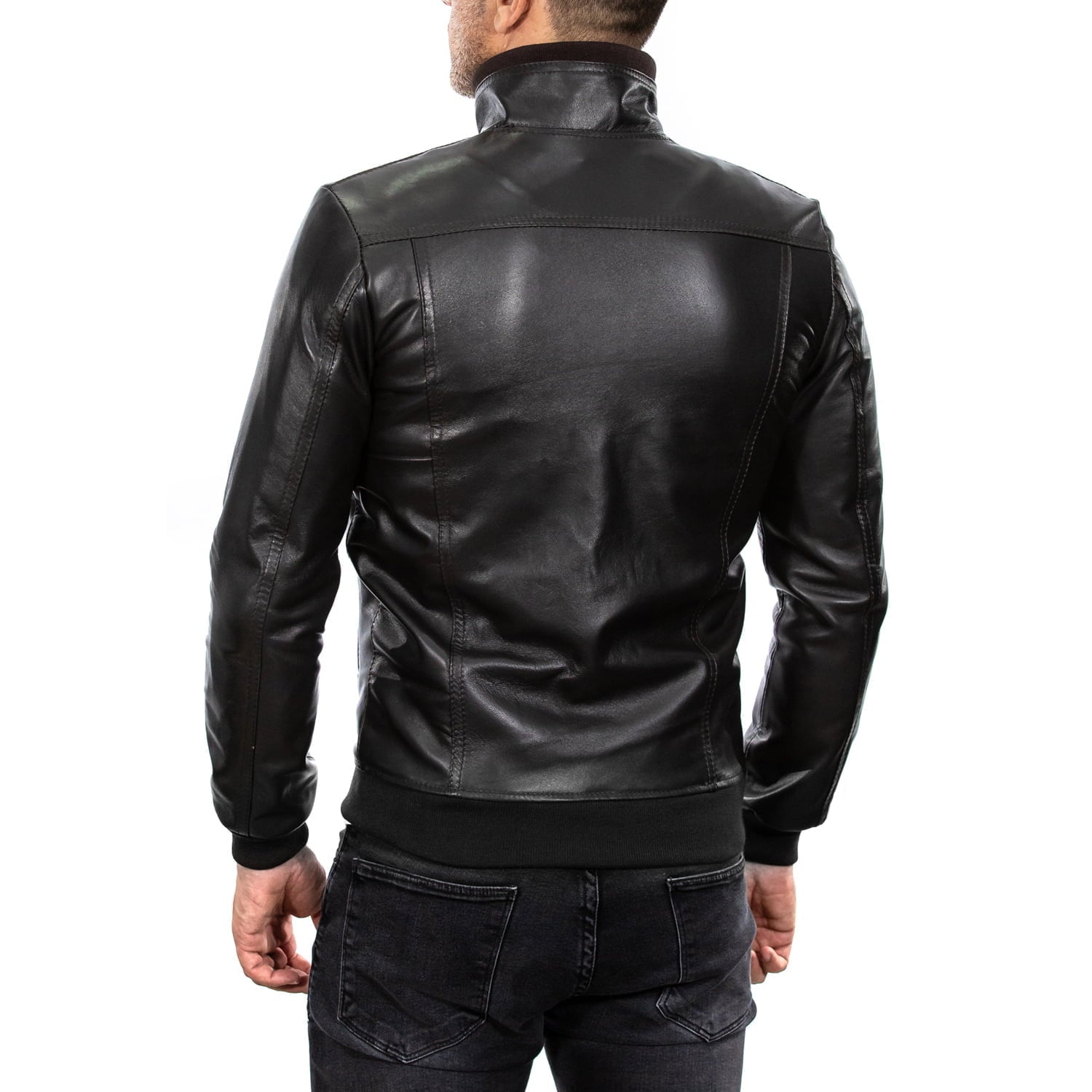 Men's Black Genuine Leather Bomber Jacket with Ribbed and Leather Collar Rindway