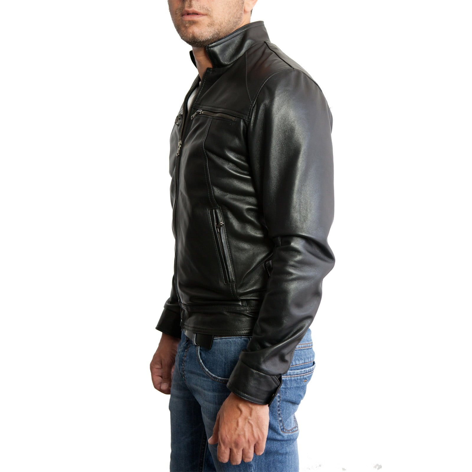 Men's Slim Blue Genuine Leather Biker Jacket Four Pockets Rindway