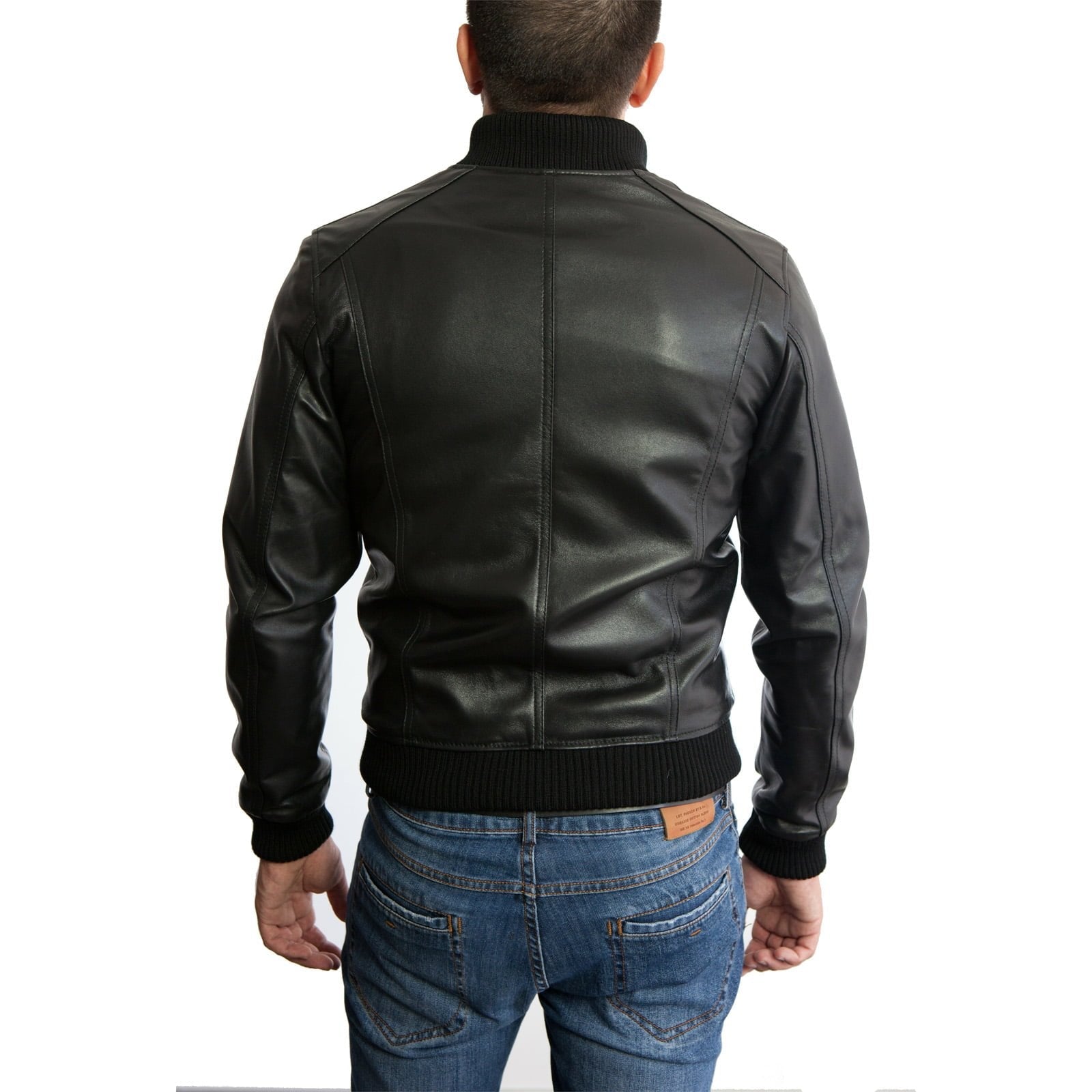 Men's Slim Fit Black Genuine Leather Bomber Jacket with Front Cuts Rindway