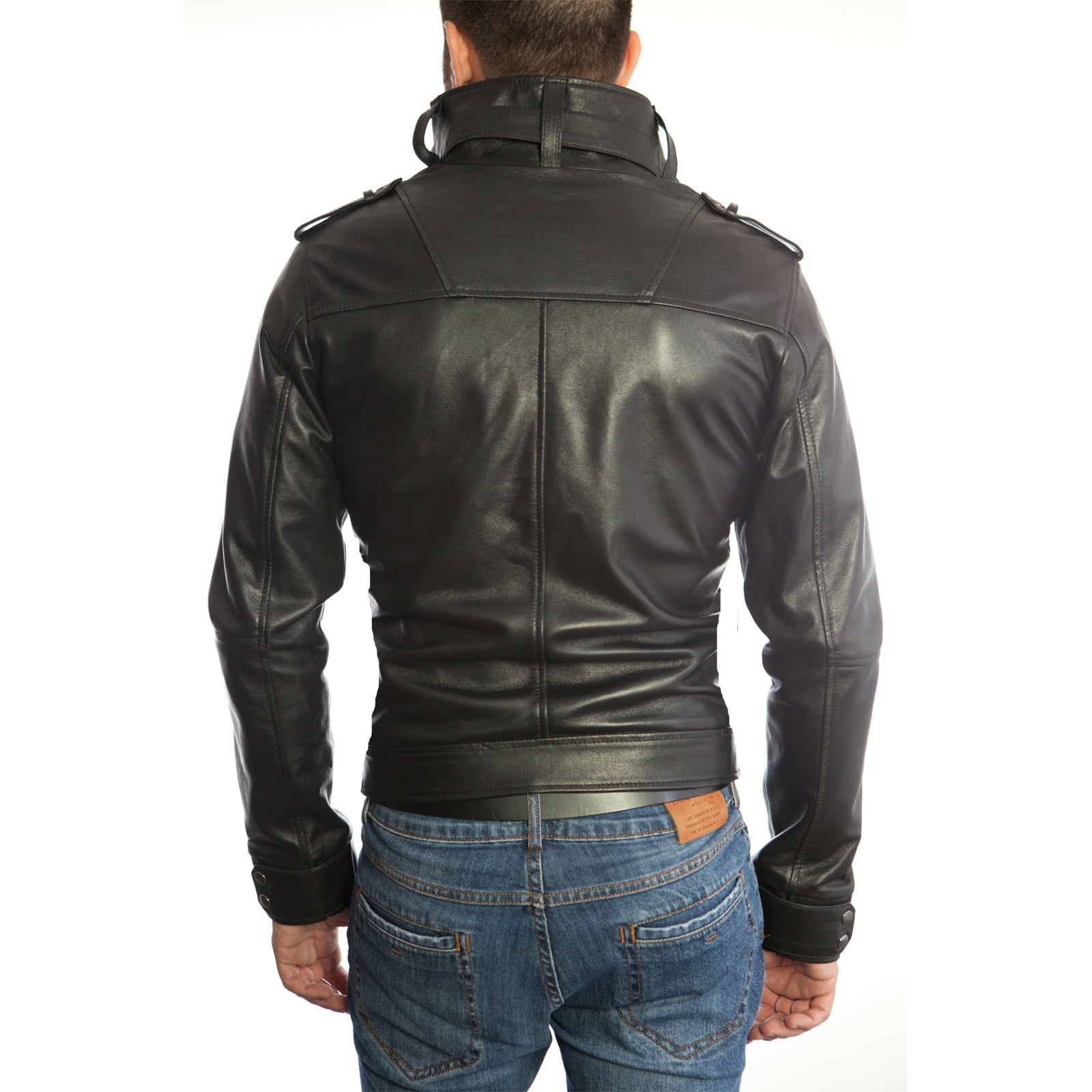 Men's Slim Fit Black Genuine Leather Biker Jacket Six Front Pockets Rindway