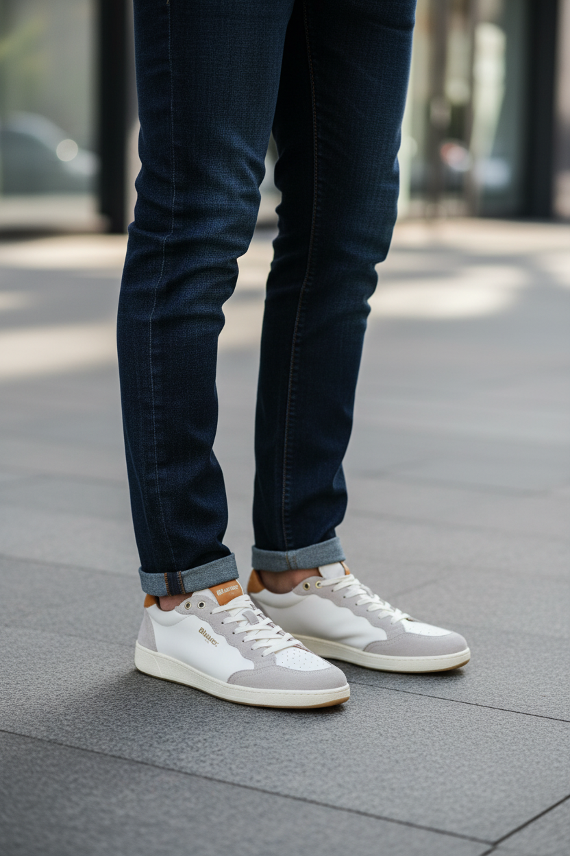 BLAUER Men's White Lace-up Sneakers with Contrast Details