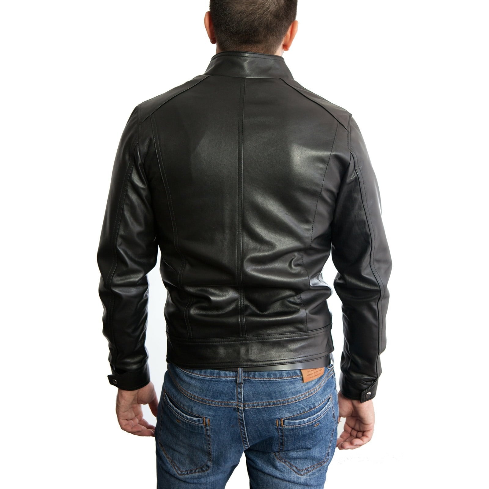 Men's Slim Blue Genuine Leather Biker Jacket Four Pockets Rindway