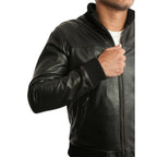 Giubbotto Bomber In Vera Pelle Nera Uomo Slim Con Tagli Frontali Rindway