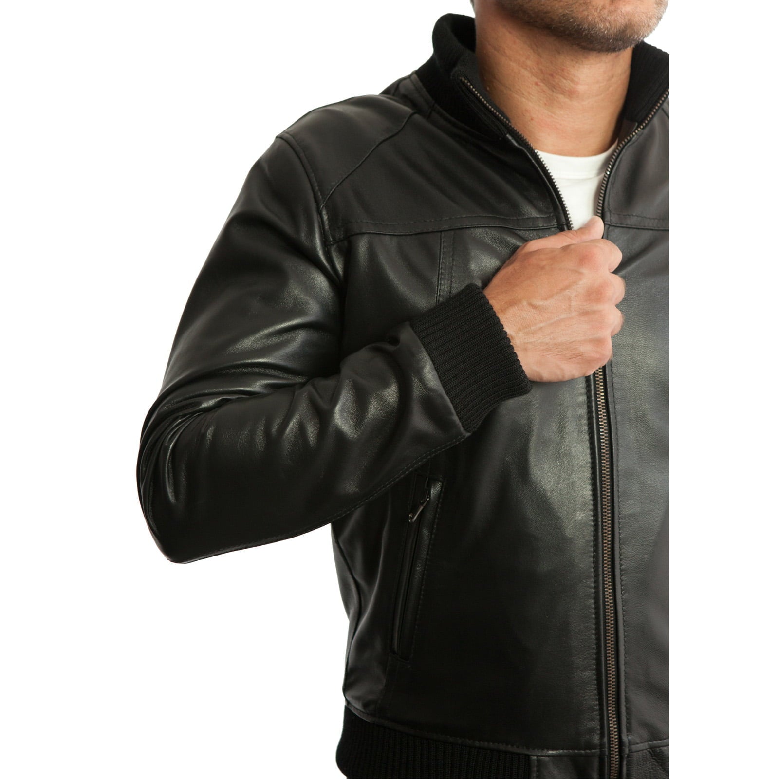 Men's Slim Fit Black Genuine Leather Bomber Jacket with Front Cuts Rindway