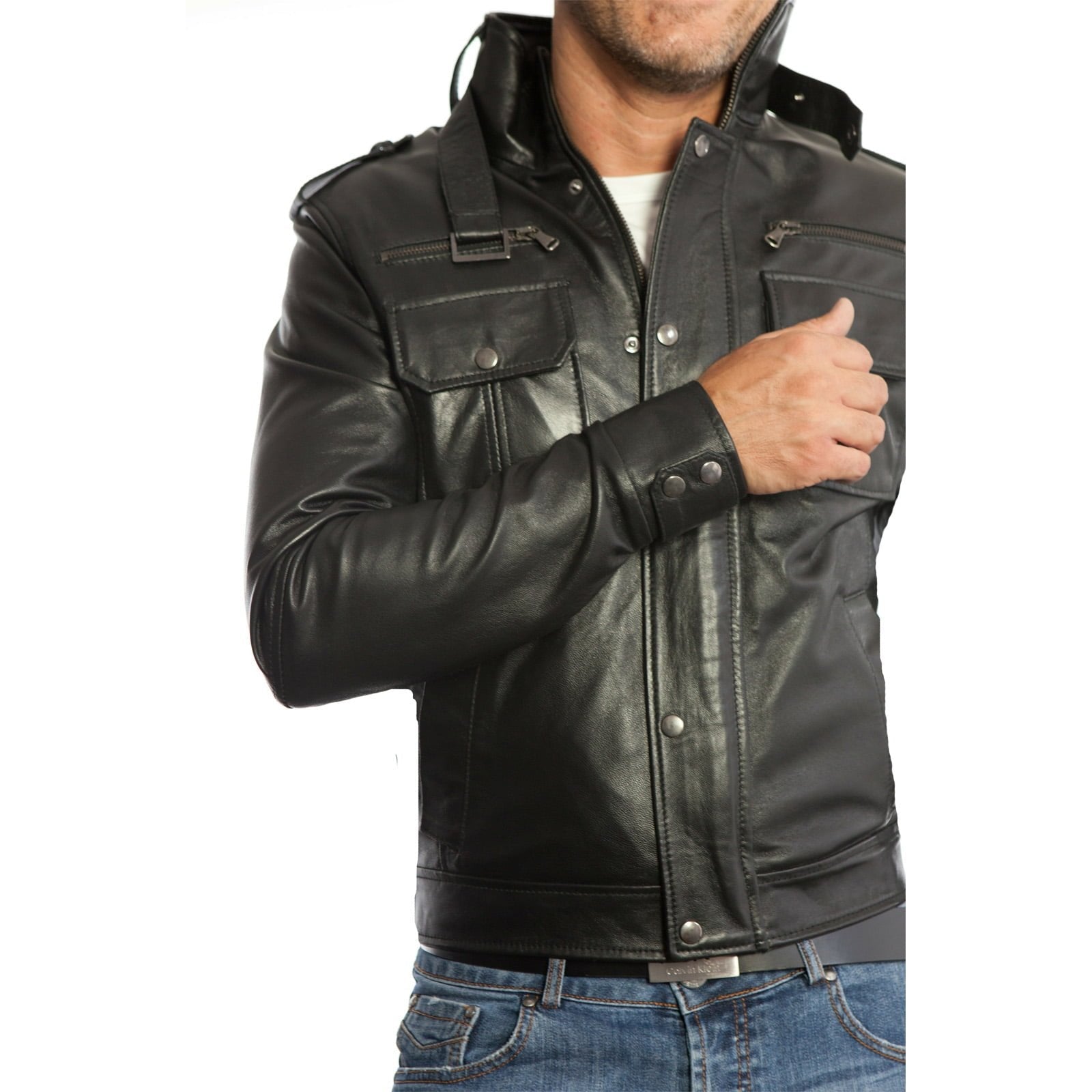Men's Slim Fit Black Genuine Leather Biker Jacket Six Front Pockets Rindway