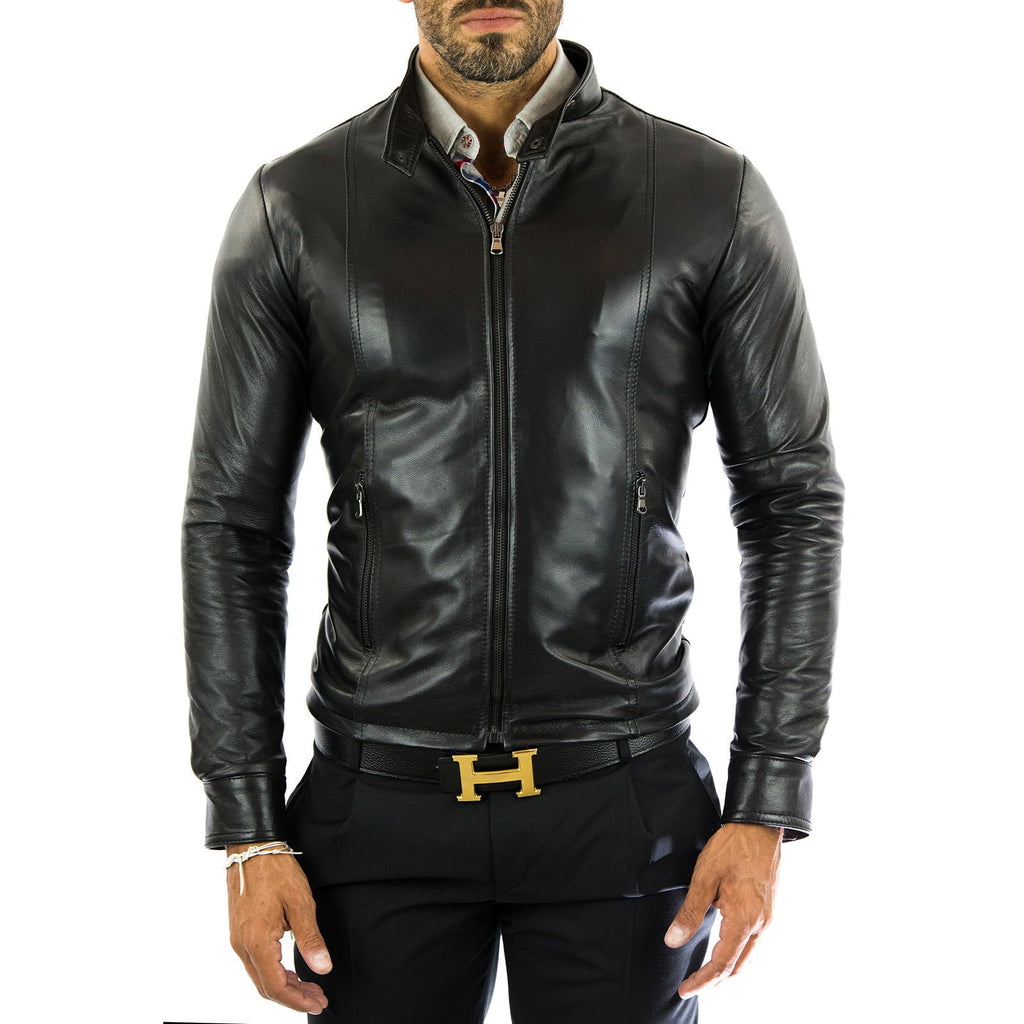Men's Blue Real Leather Biker Jacket Slim Front Stitching Rindway