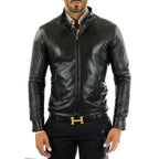 Men's Slim Fit Brown Genuine Leather Biker Jacket Front Stitching Rindway