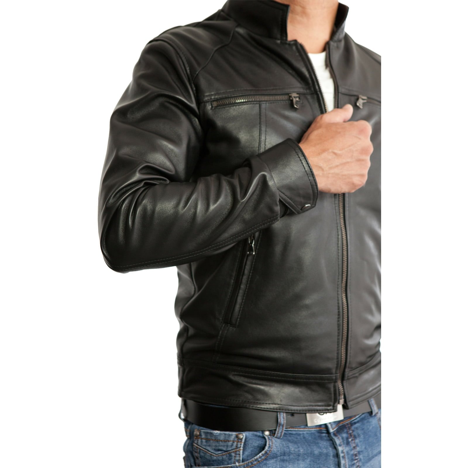 Men's Slim Blue Genuine Leather Biker Jacket Four Pockets Rindway