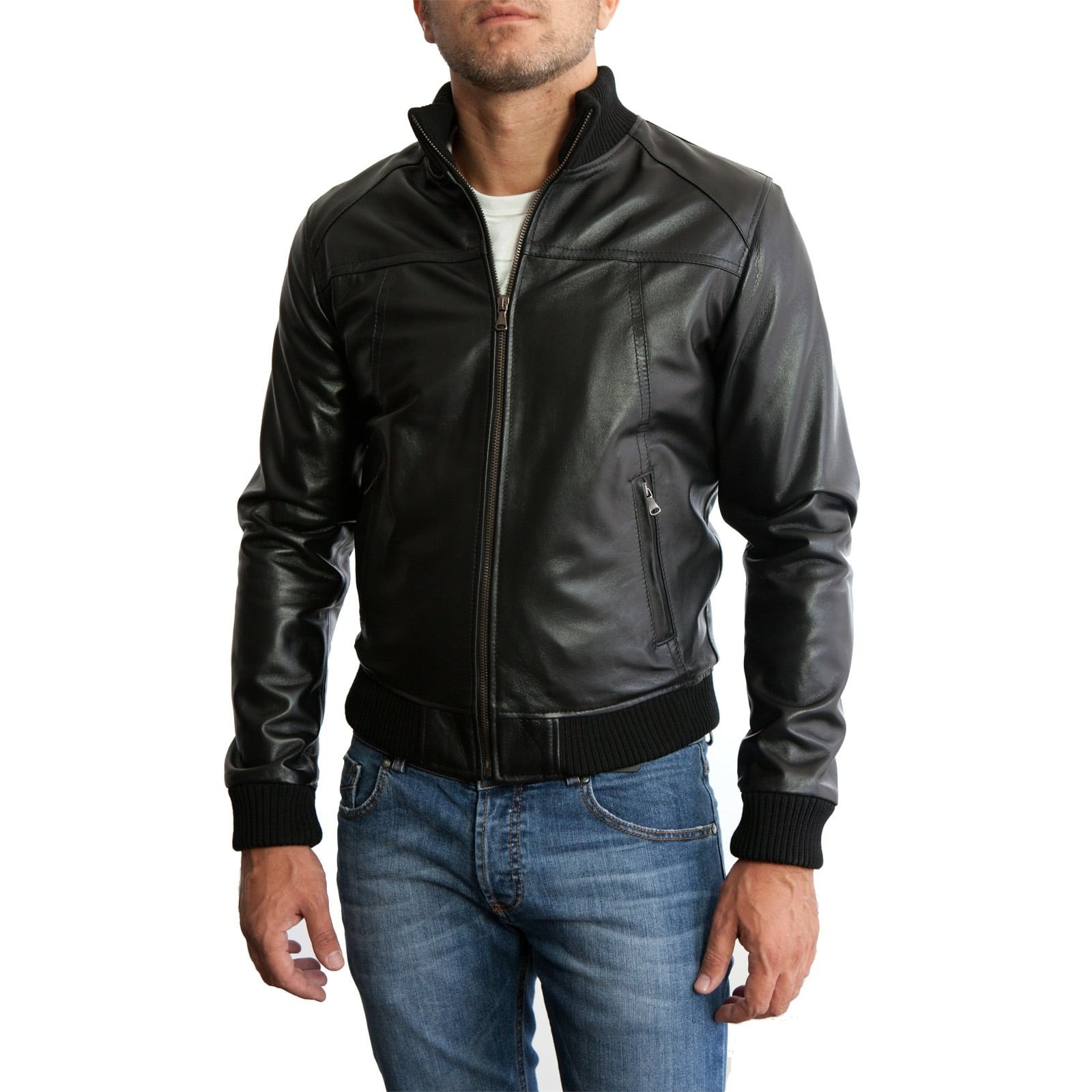 Men's Slim Fit Black Genuine Leather Bomber Jacket with Front Cuts Rindway