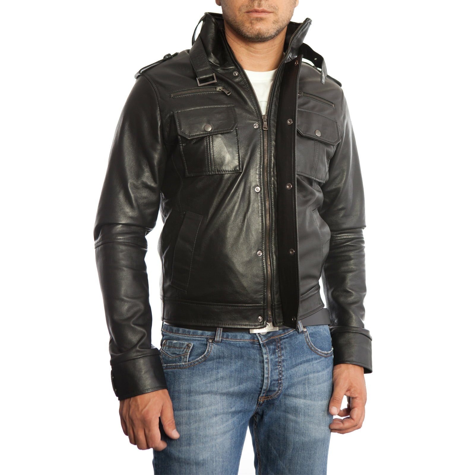 Men's Slim Fit Black Genuine Leather Biker Jacket Six Front Pockets Rindway