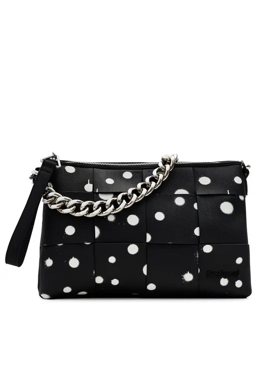 DESIGUAL Women's Black Polka Dot Handbag with Shoulder Strap and Chain