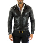 Men's Blue Real Leather Biker Jacket Slim Front Stitching Rindway