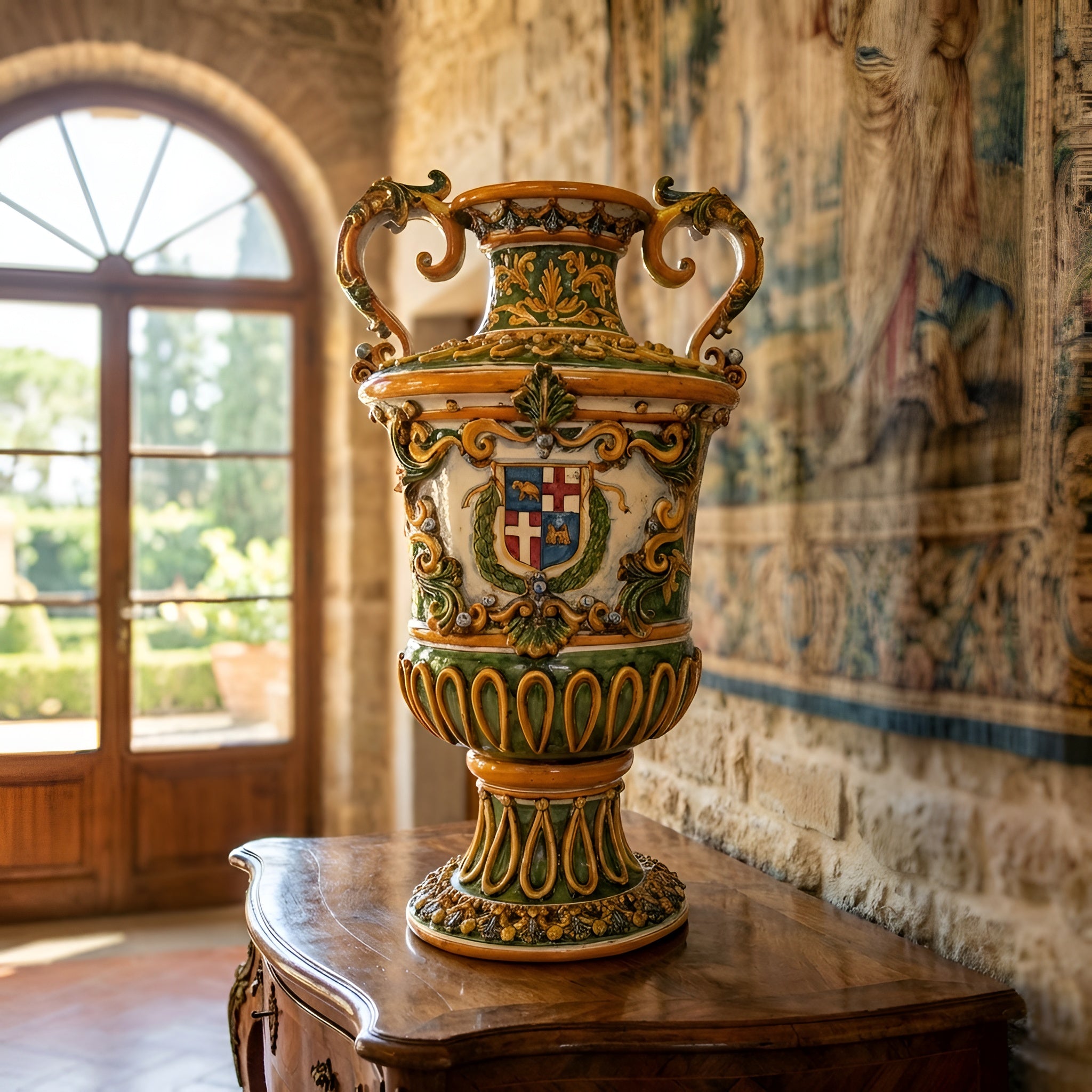Vaso monumentale h 60 in serie limitata ornato fondo verde c/stemma malta Ceramiche di Caltagirone Sofia