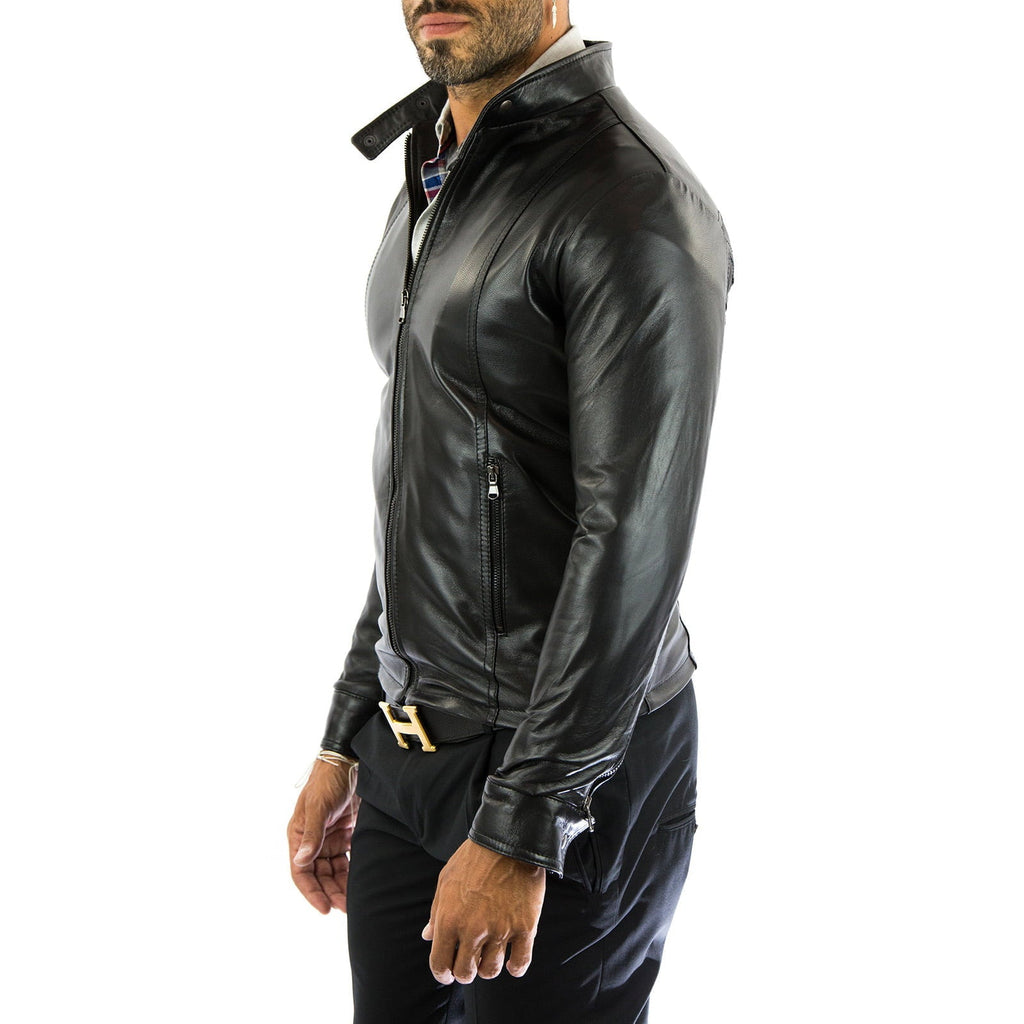 Men's Blue Real Leather Biker Jacket Slim Front Stitching Rindway