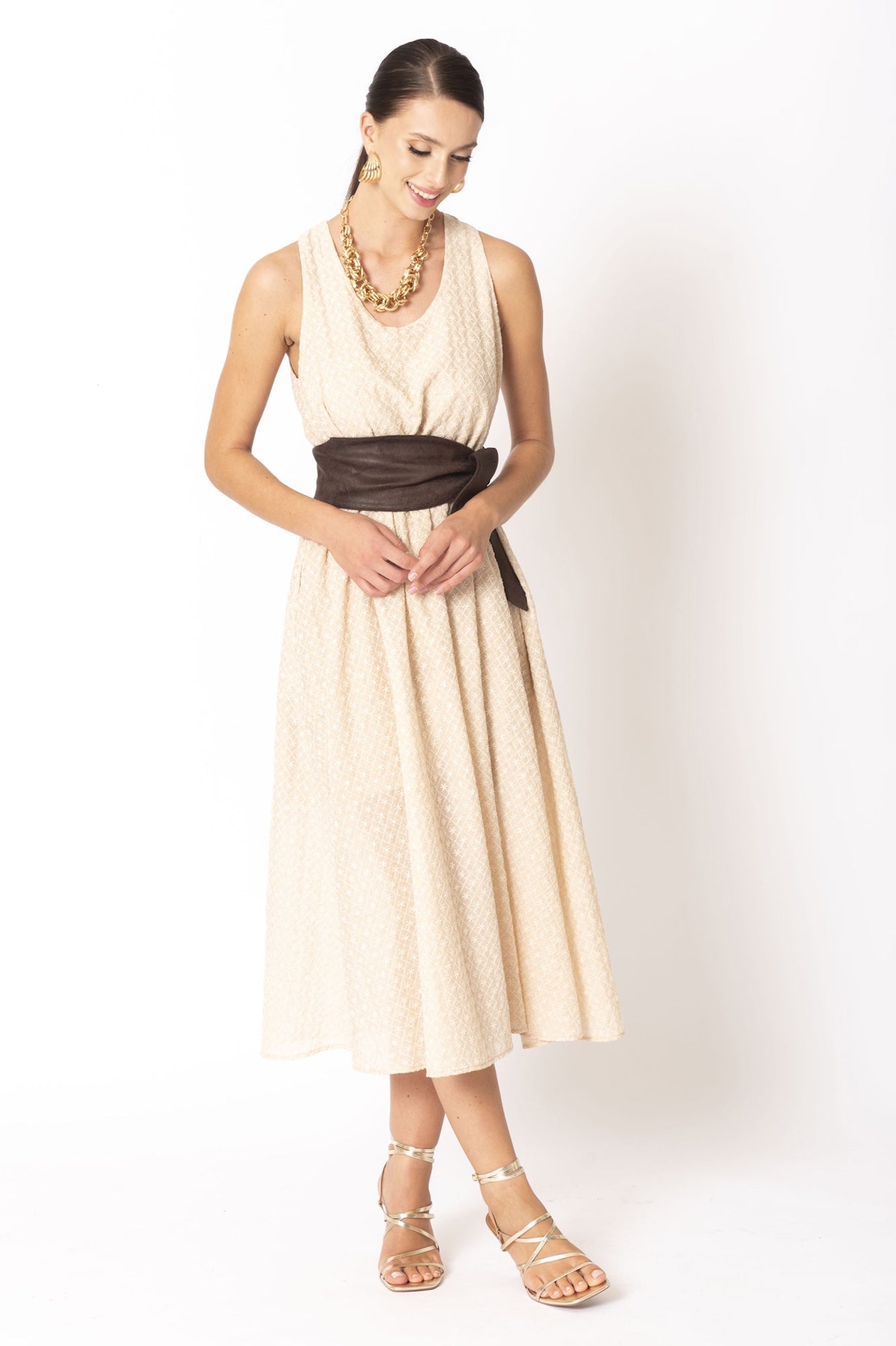 Long broderie anglaise dress with sash
