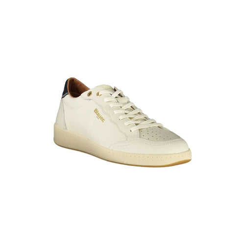BLAUER Men's White Sneakers with Laces and Blue Contrast Details
