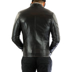 Men's Blue Real Leather Biker Jacket Slim Front Stitching Rindway