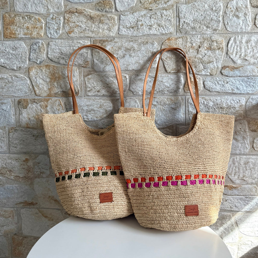 Zola - Handmade Natural Raffia Tote Bag Fuchsia and Orange