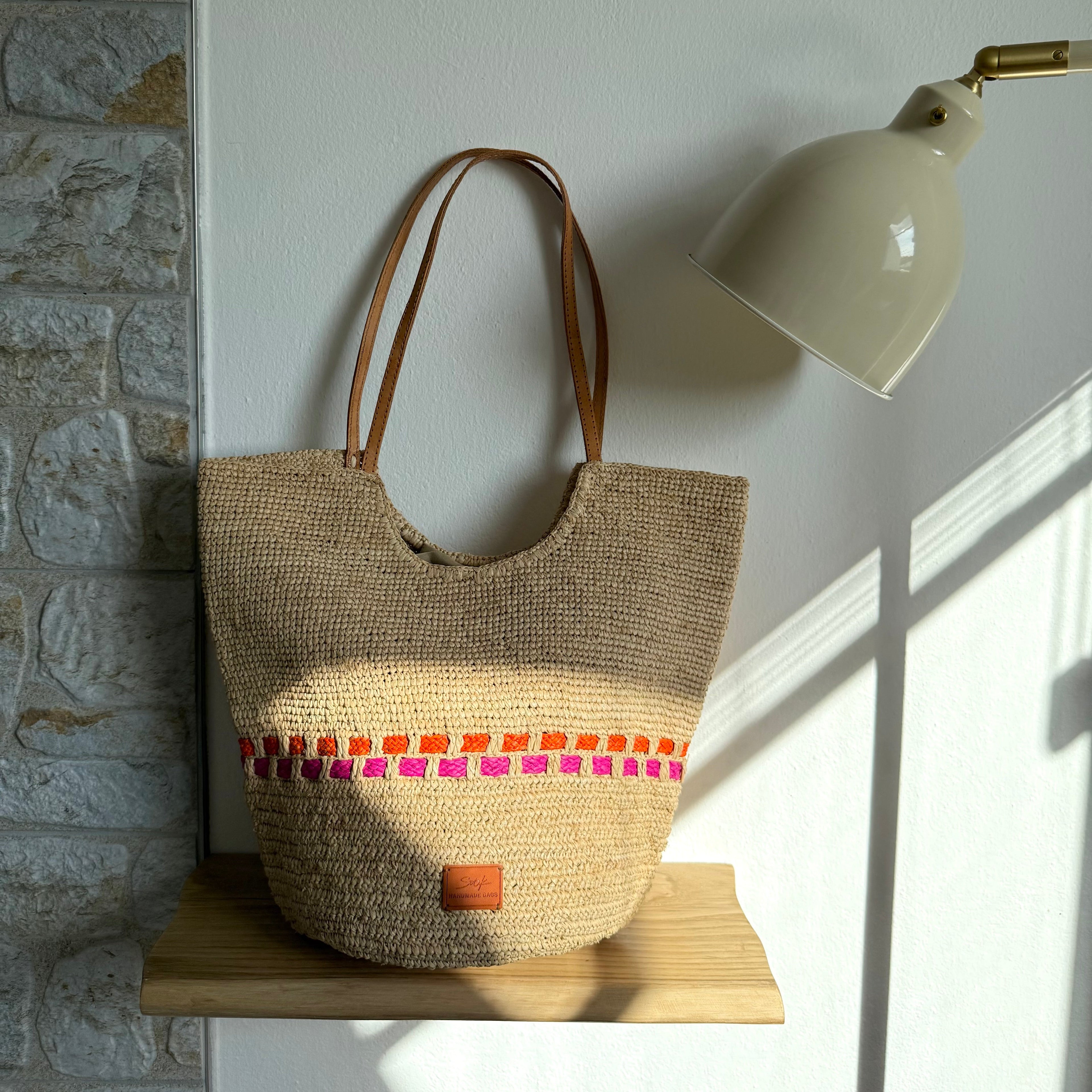 Zola - Handmade Natural Raffia Tote Bag Fuchsia and Orange