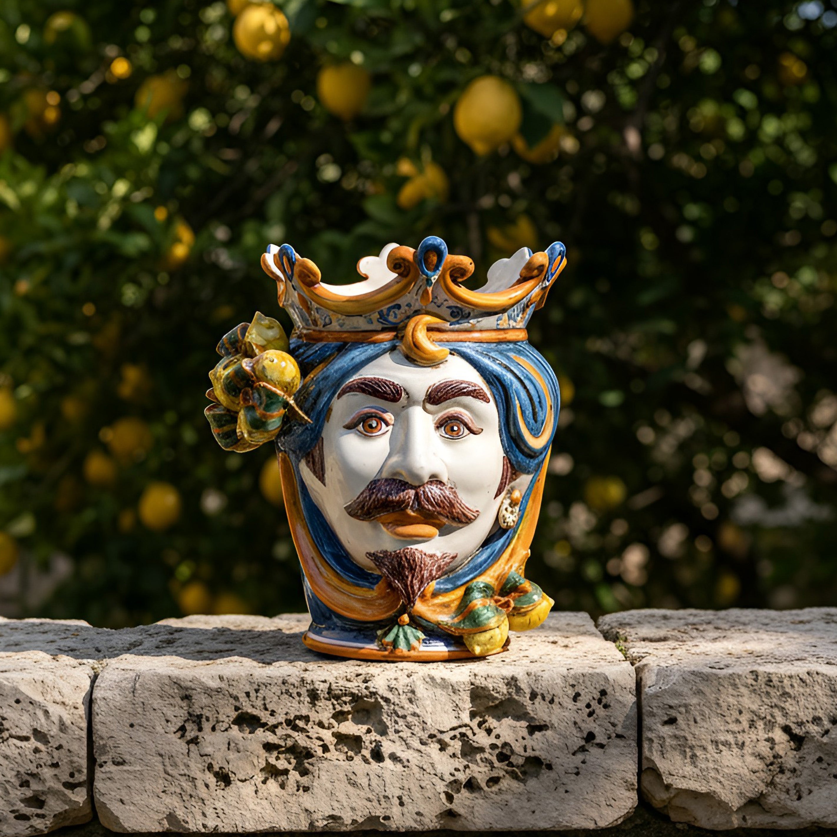 Testa di Moro con Limoni h 25 cm — Maschio Bianco, Blu e Arancio