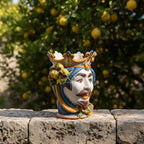 Testa di Moro con Limoni h 25 cm — Maschio Bianco, Blu e Arancio
