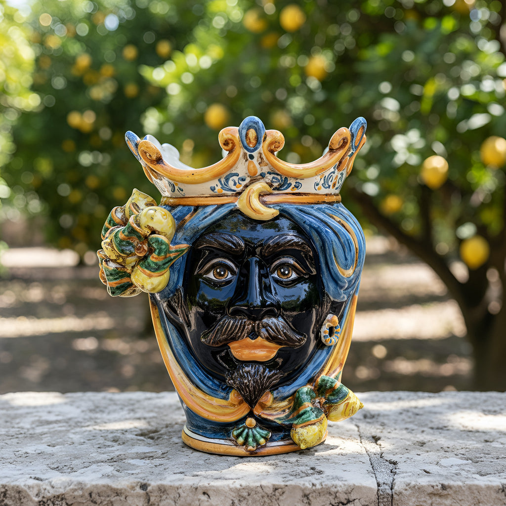 Testa di Moro con Limoni h 25 cm — Maschio Moro, Blu e Arancio
