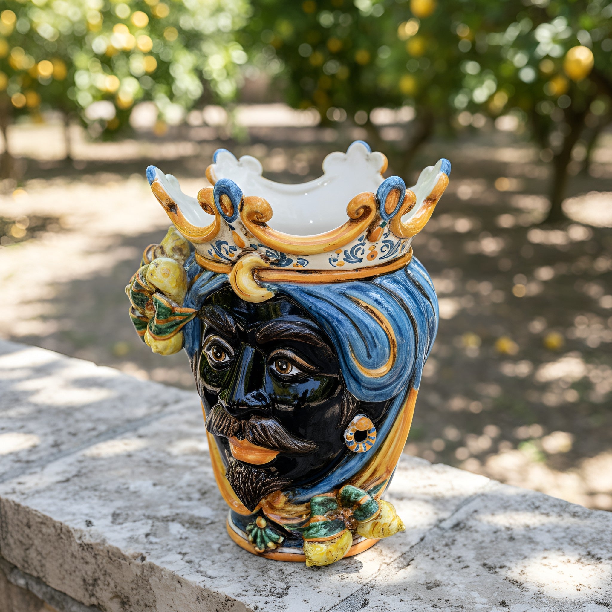 Testa di Moro con Limoni h 25 cm — Maschio Moro, Blu e Arancio