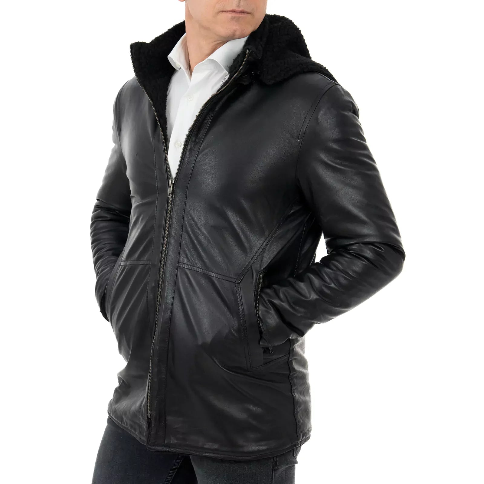 Men's Slim Black Genuine Leather Jacket Shearling Style Pockets Zipper Rindway