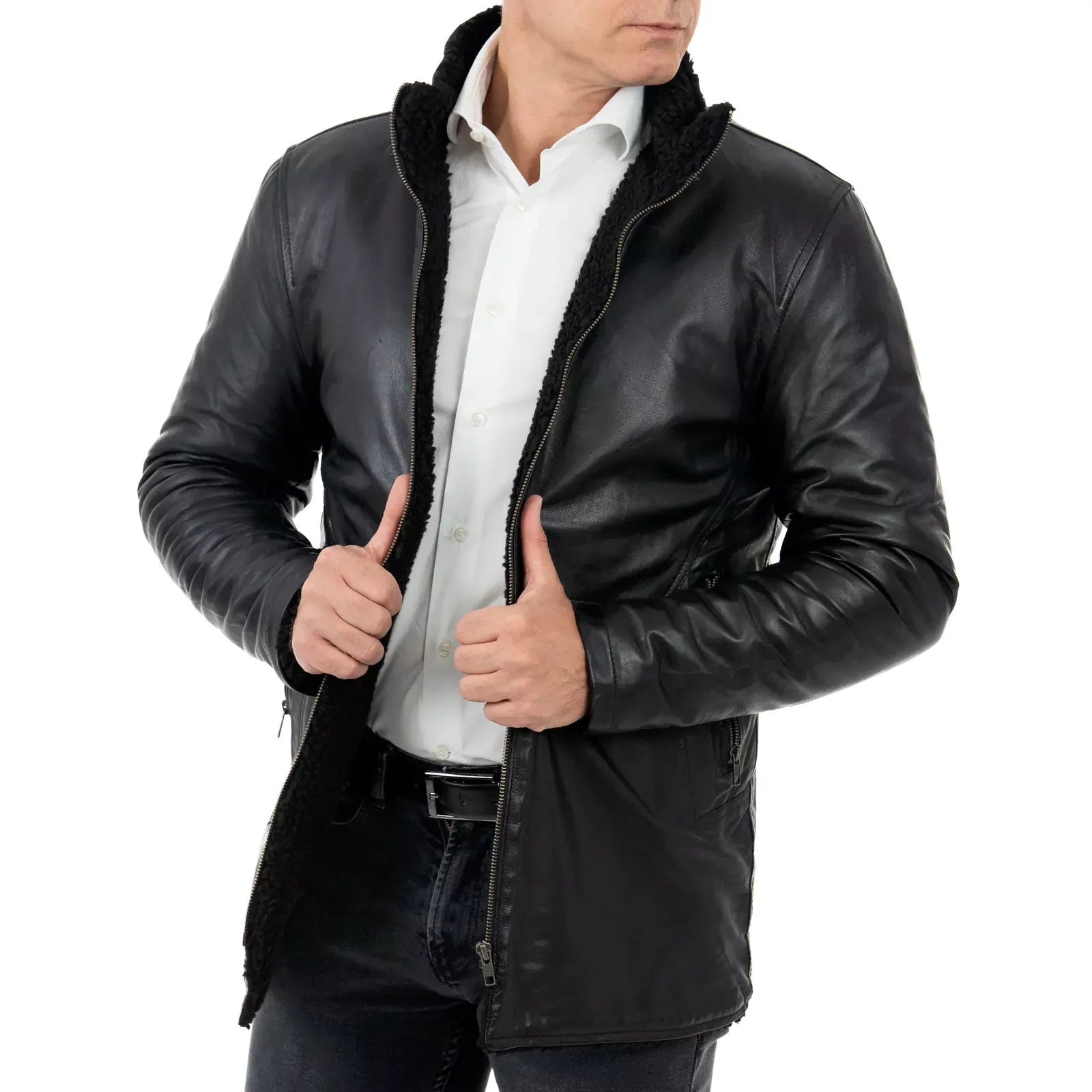 Men's Slim Black Genuine Leather Jacket Shearling Style Pockets Zipper Rindway