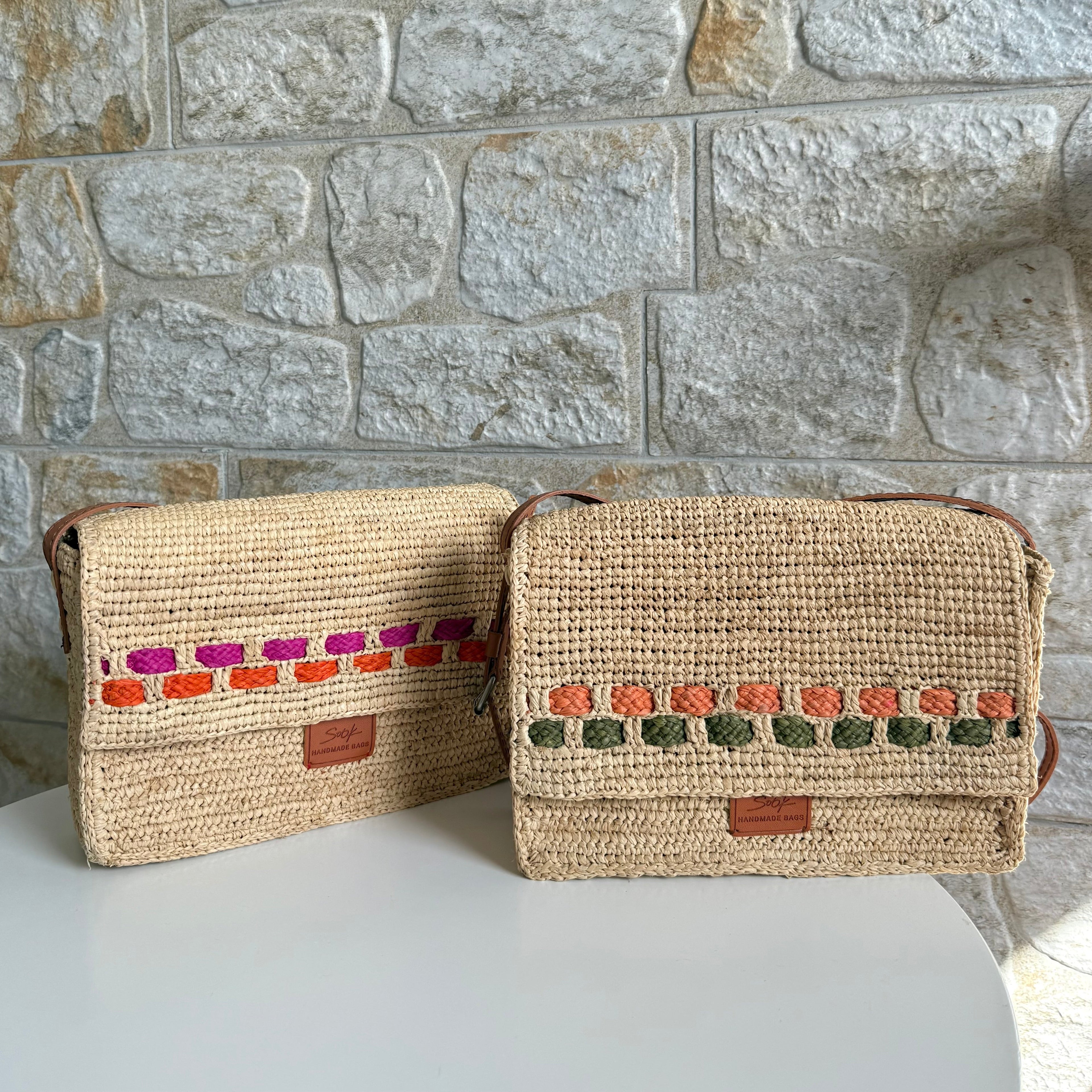 Zera - Handmade Natural Raffia Messenger Bag Fuchsia and Orange