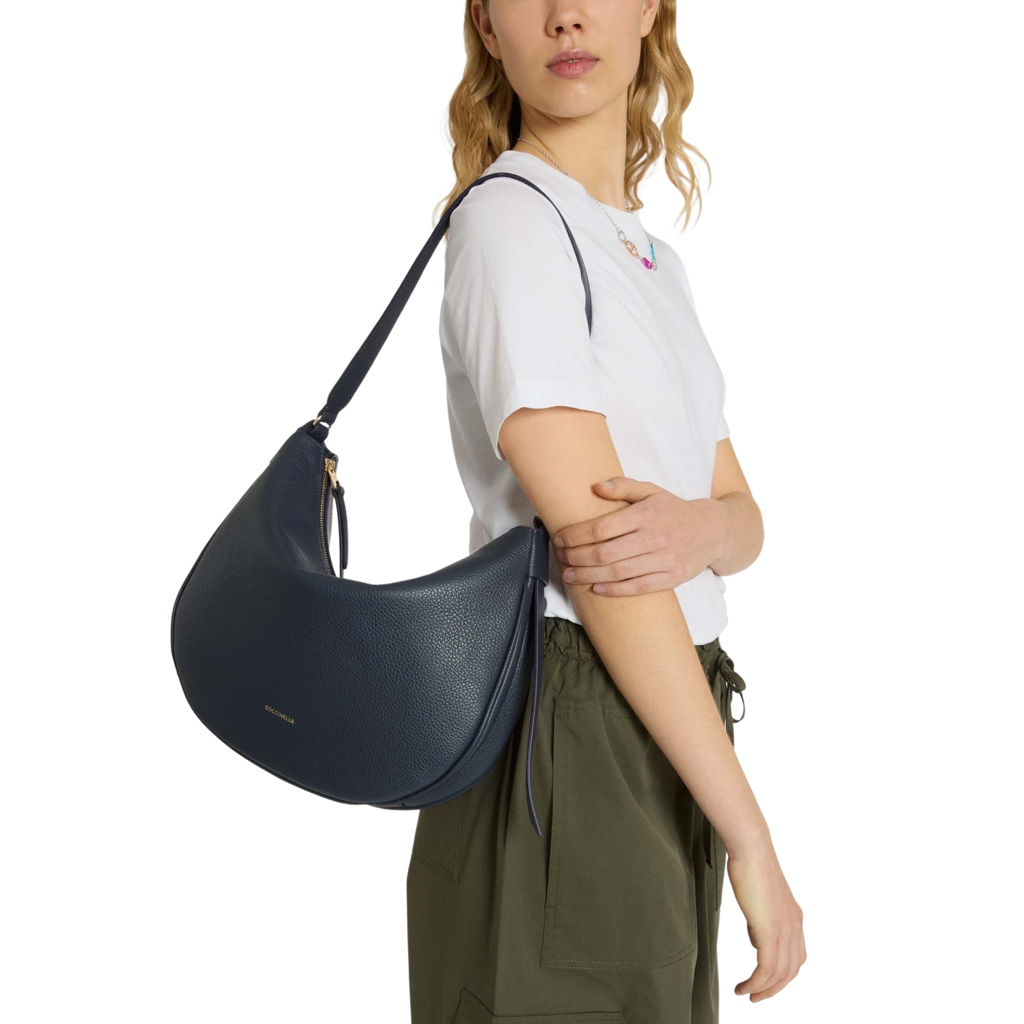 COCCINELLE Women's Brown Leather Hobo Shoulder Bag, C-Easy Medium