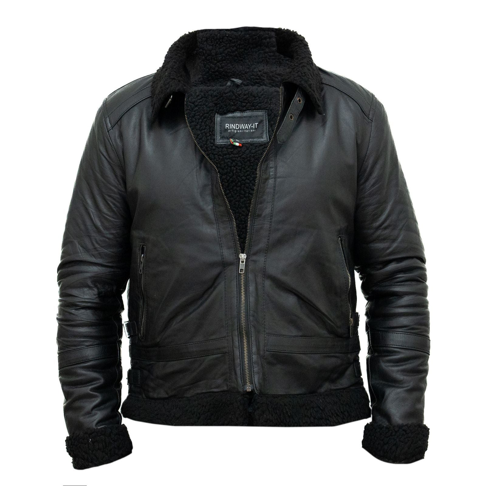 Men's Black Genuine Leather Biker Jacket with Black Interior, Slim Fit, Shearling Style, Buckle Collar Rindway
