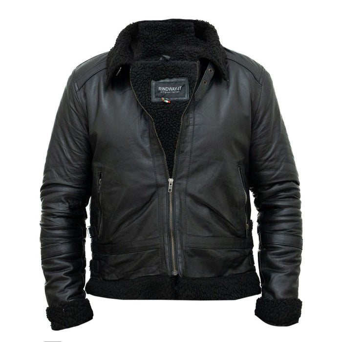 Men's Black Genuine Leather Biker Jacket with Black Interior, Slim Fit, Shearling Style, Buckle Collar Rindway