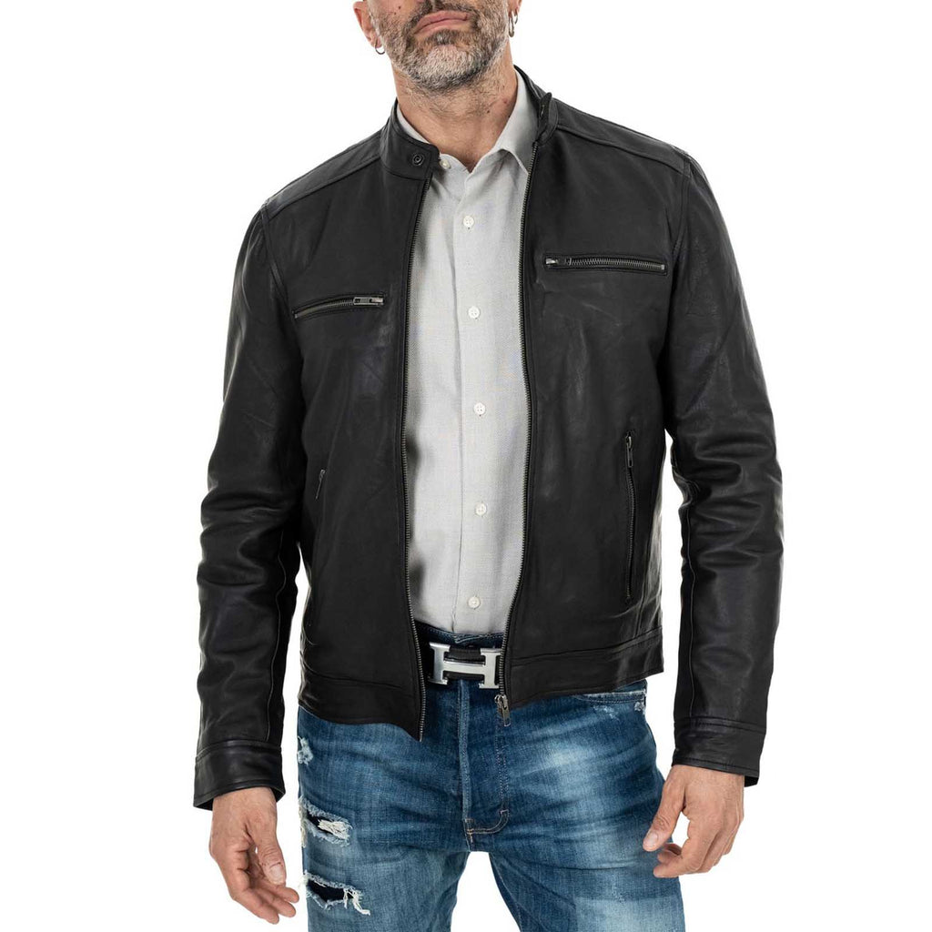 Giacca Biker In Vera Pelle Nera Uomo Slim Collo Coreana Quattro Tasche Rindway