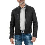 Giacca Biker In Vera Pelle Nera Uomo Slim Collo Coreana Quattro Tasche Rindway