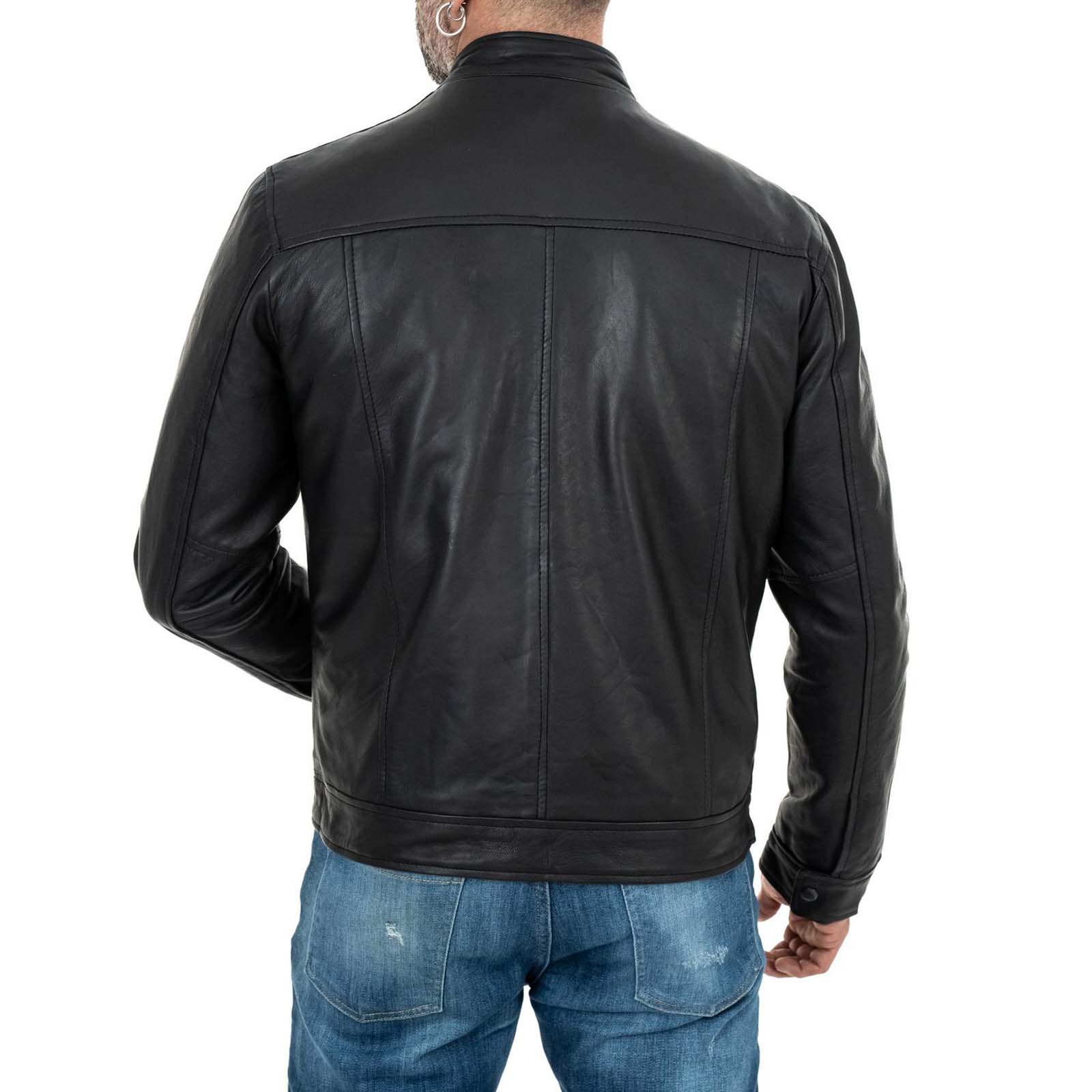 Men's Slim Fit Black Genuine Leather Biker Jacket Mandarin Collar Four Pockets Rindway