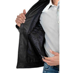 Giacca Biker In Vera Pelle Nera Uomo Slim Collo Coreana Quattro Tasche Rindway