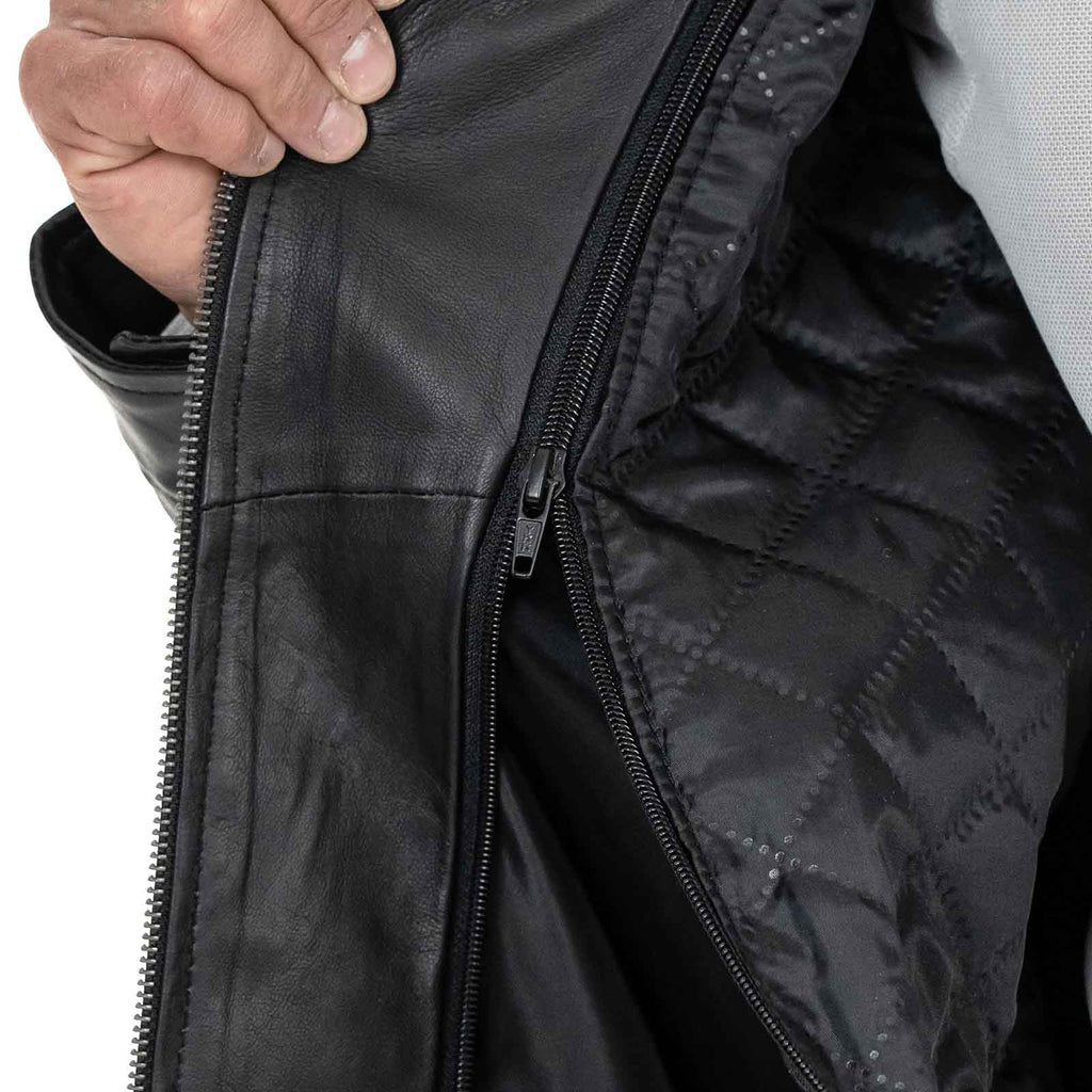 Giacca Biker In Vera Pelle Nera Uomo Slim Collo Coreana Quattro Tasche Rindway