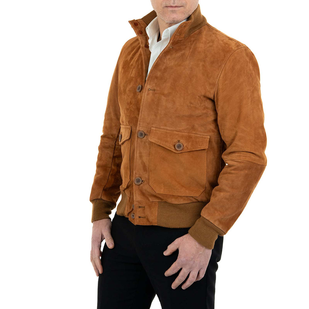 Men's Slim Burnt Suede Genuine Leather Bomber Jacket with Buttons and Large Pockets Rindway