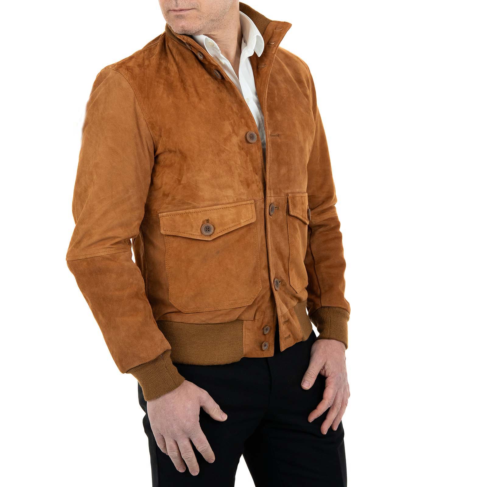 Men's Slim Burnt Suede Genuine Leather Bomber Jacket with Buttons and Large Pockets Rindway