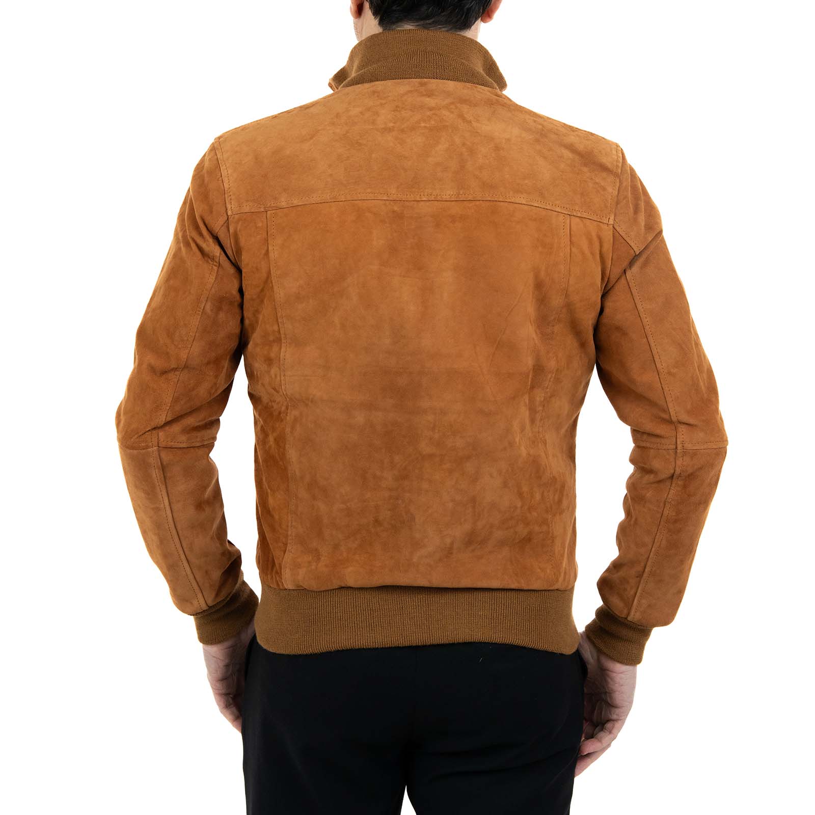 Men's Slim Burnt Suede Genuine Leather Bomber Jacket with Buttons and Large Pockets Rindway