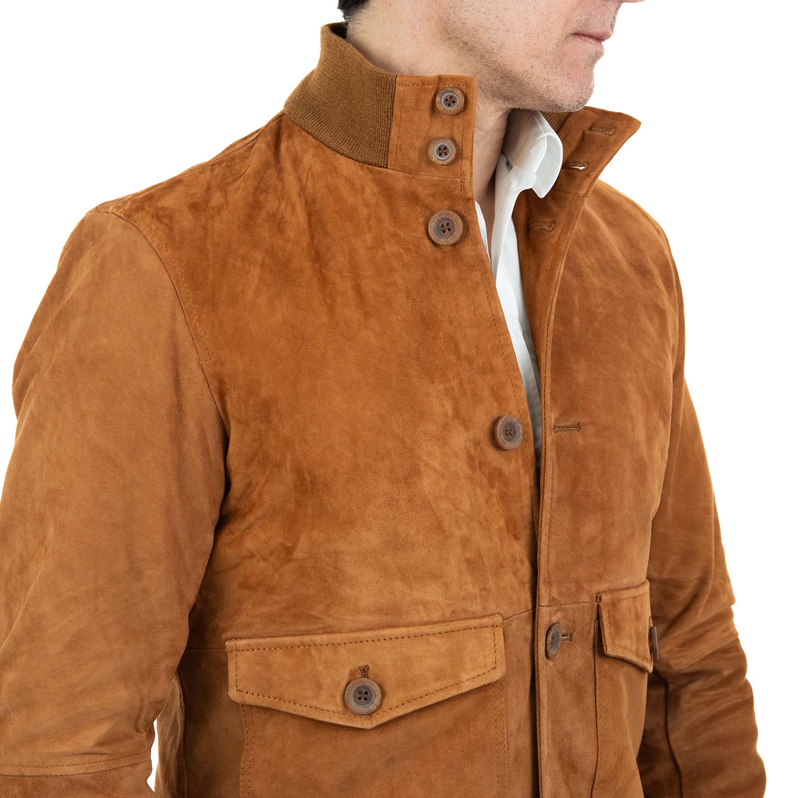Men's Slim Burnt Suede Genuine Leather Bomber Jacket with Buttons and Large Pockets Rindway