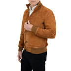 Men's Slim Burnt Suede Genuine Leather Bomber Jacket with Buttons and Large Pockets Rindway