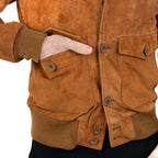 Men's Slim Burnt Suede Genuine Leather Bomber Jacket with Buttons and Large Pockets Rindway