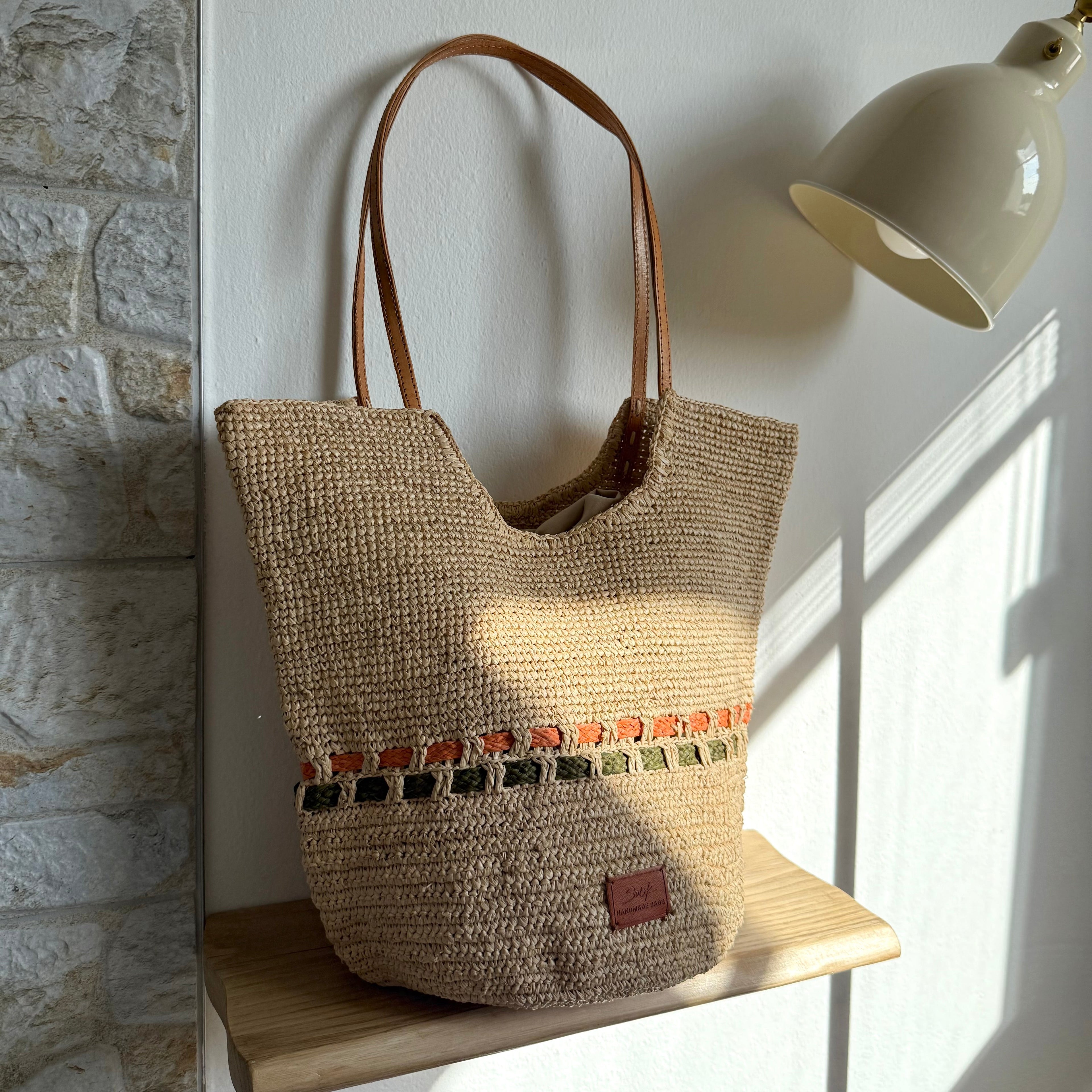 Zola- Handmade Natural Raffia Tote Bag Pastel Green and Amber