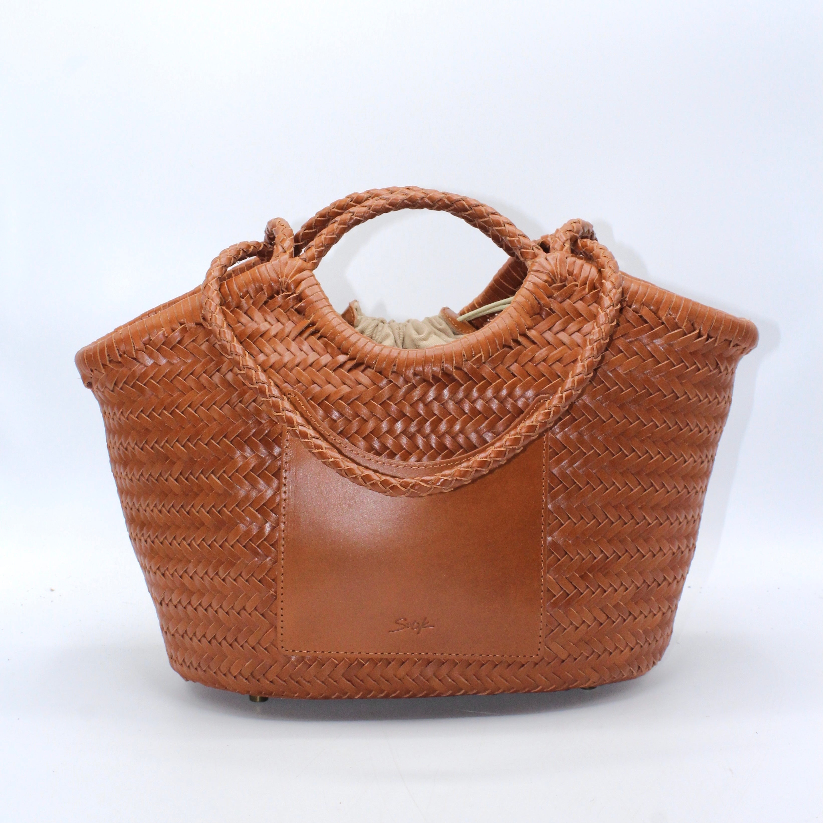 Celia-Handmade Woven Top Grain Leather Bag Caramel Colour