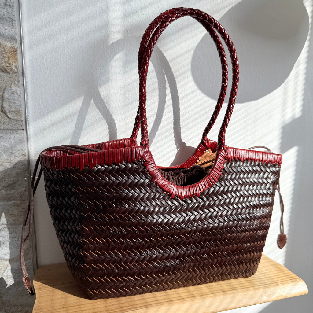 Carmel - Handwoven Bicolor Tote Bag Retro Red & Coffee