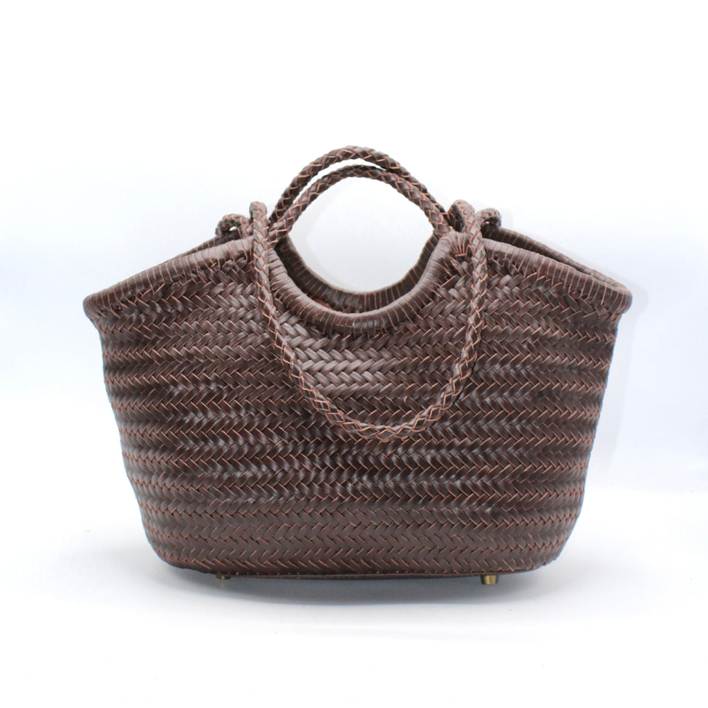 Celia-Handmade Woven Top Grain Leather Bag Coffee Colour