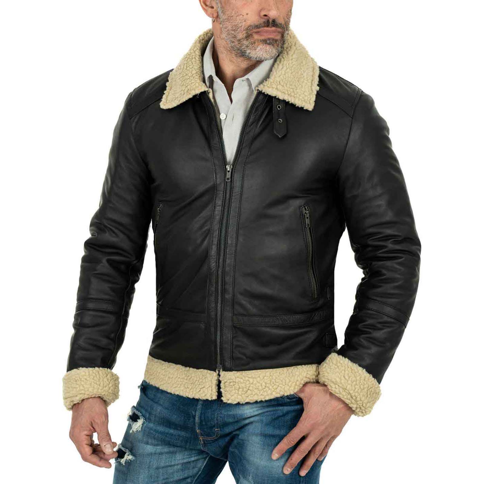 Men's Black Genuine Leather Biker Jacket with Black Interior, Slim Fit, Shearling Style, Buckle Collar Rindway