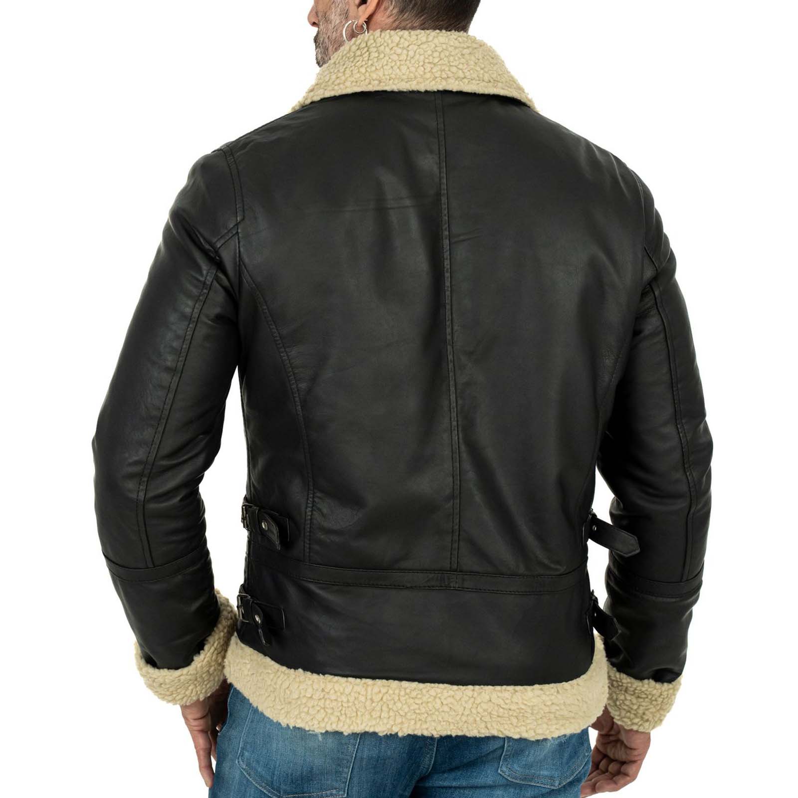 Men's Black Genuine Leather Biker Jacket with Black Interior, Slim Fit, Shearling Style, Buckle Collar Rindway